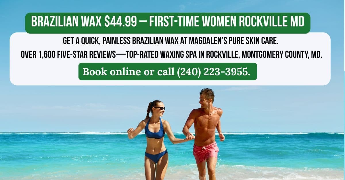 Smiling couple walking on the beach. .99 Brazilian wax for first-time women at Magdalen’s Pure Skin Care in Rockville MD.