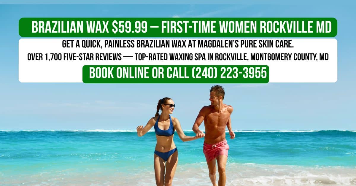 Smiling couple walking on the beach. $59.99 Brazilian wax for first-time women at Magdalen’s Pure Skin Care in Rockville MD.